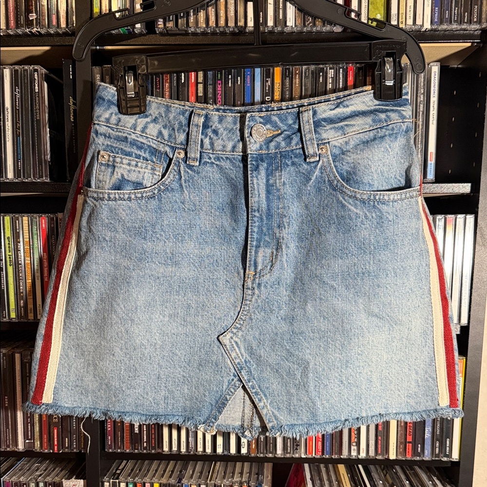 Y2K Garage Denim Mini Skirt Size S Blue Jean Skirt Side Stripe Alt Grunge